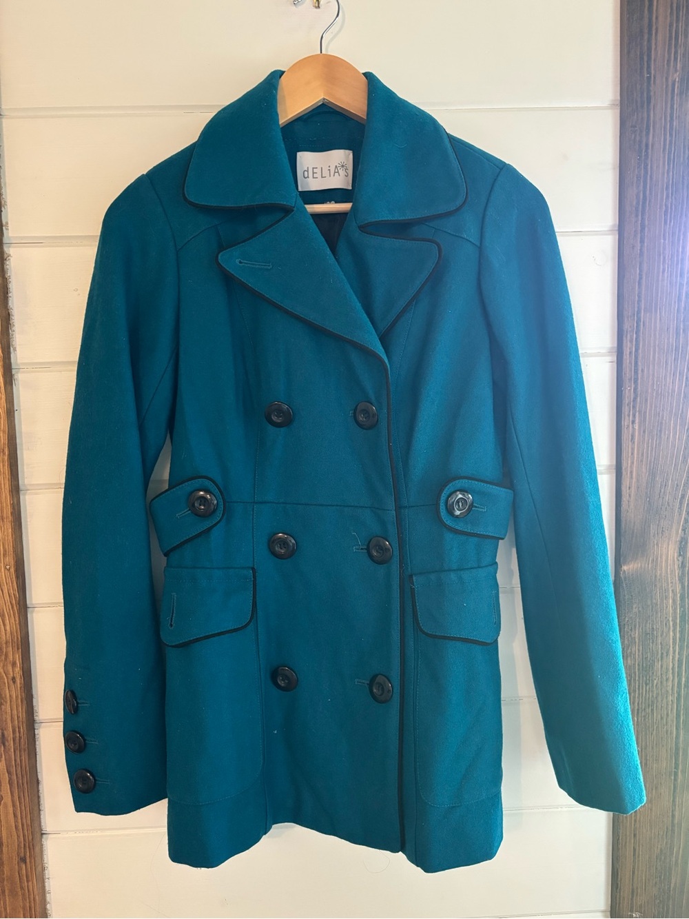 dELiA*s Teal Double-Breasted Wool Pea Coat with Black Buttons